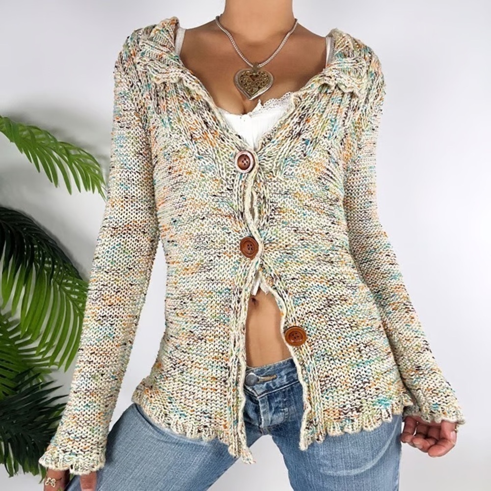 BCBGMAXAZRIA Womens Tan Brown Open Crochet Knit Big Button Cardigan Sweater S​